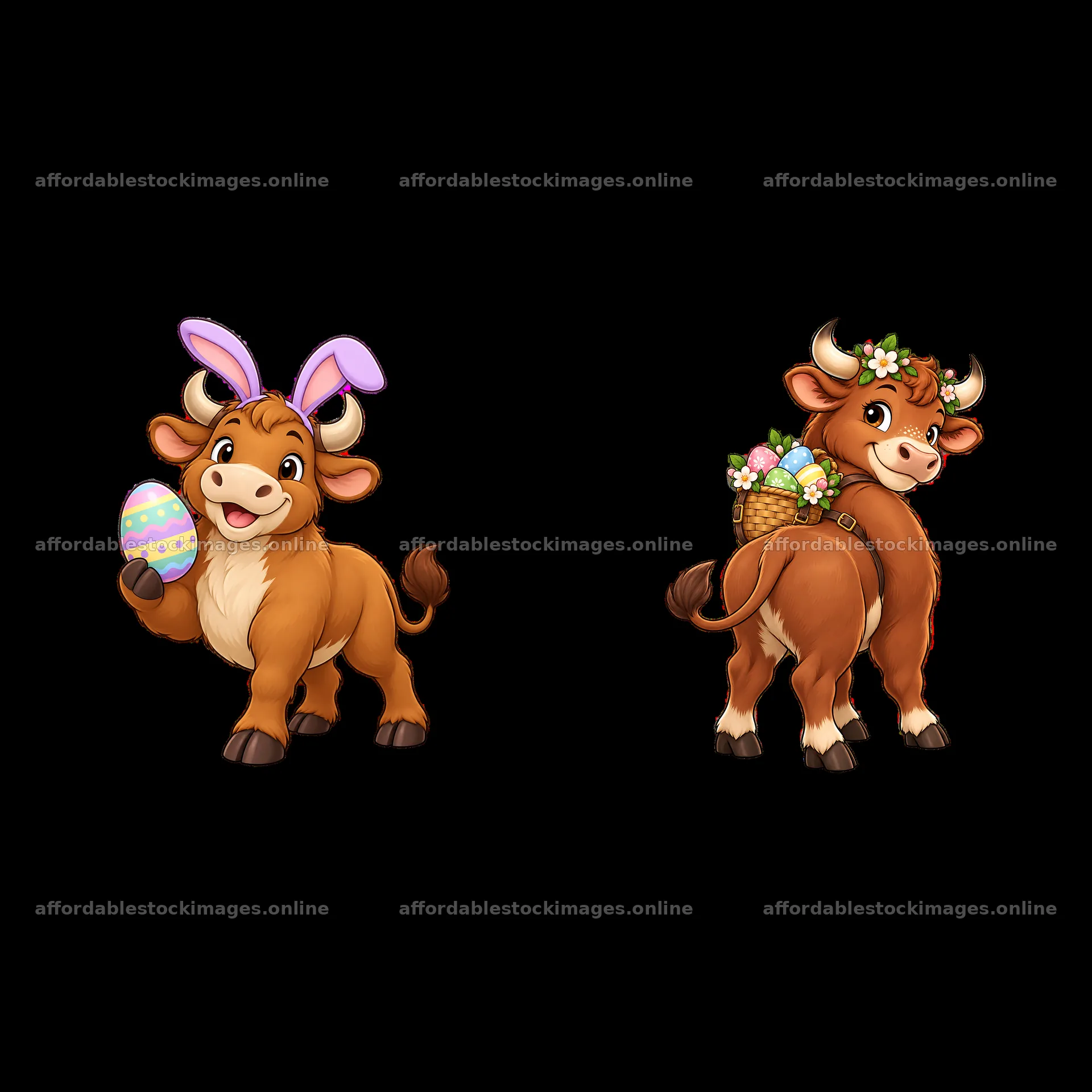 Easter ox holding an egg and decorated with flowers and a basket – stock images 7746x7746