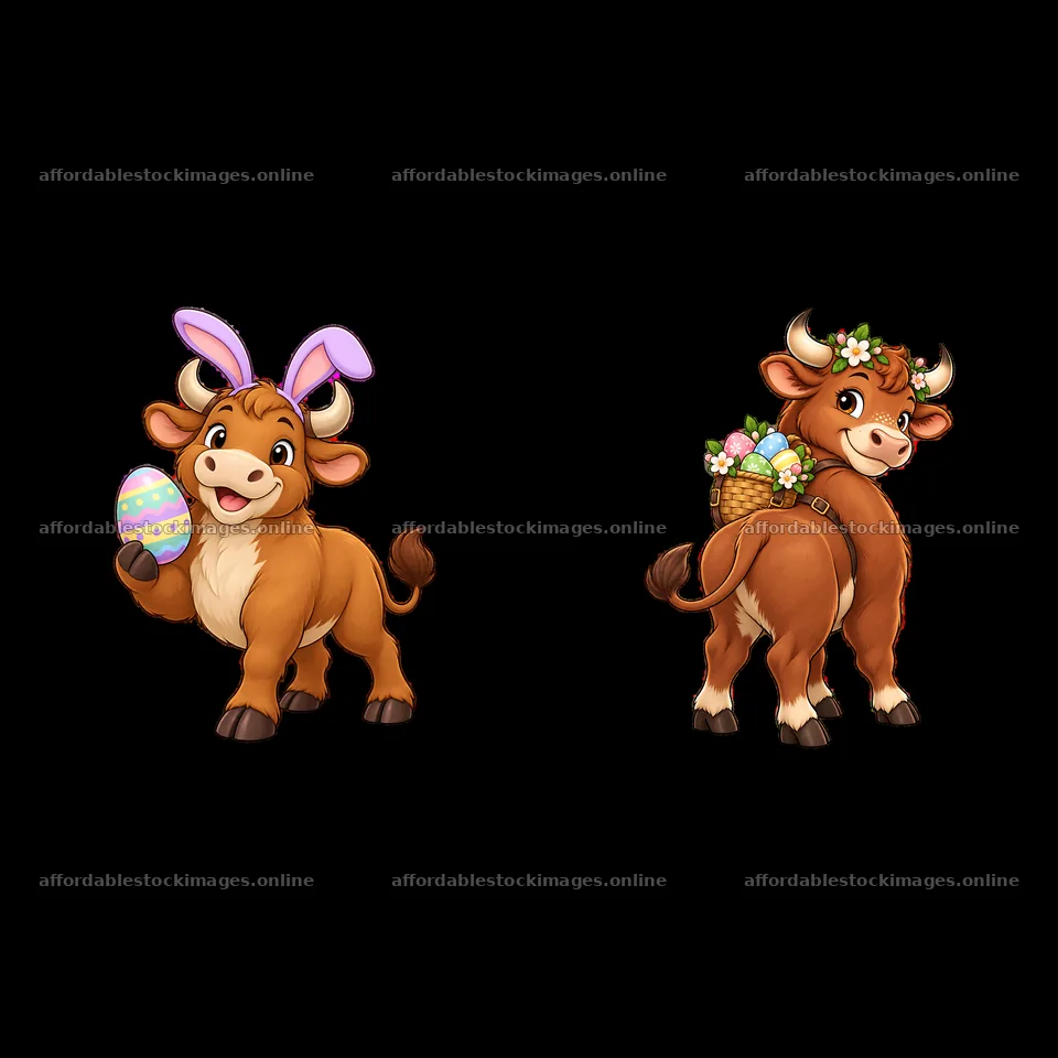 Easter ox holding an egg and decorated with flowers and a basket – stock images 7746x7746