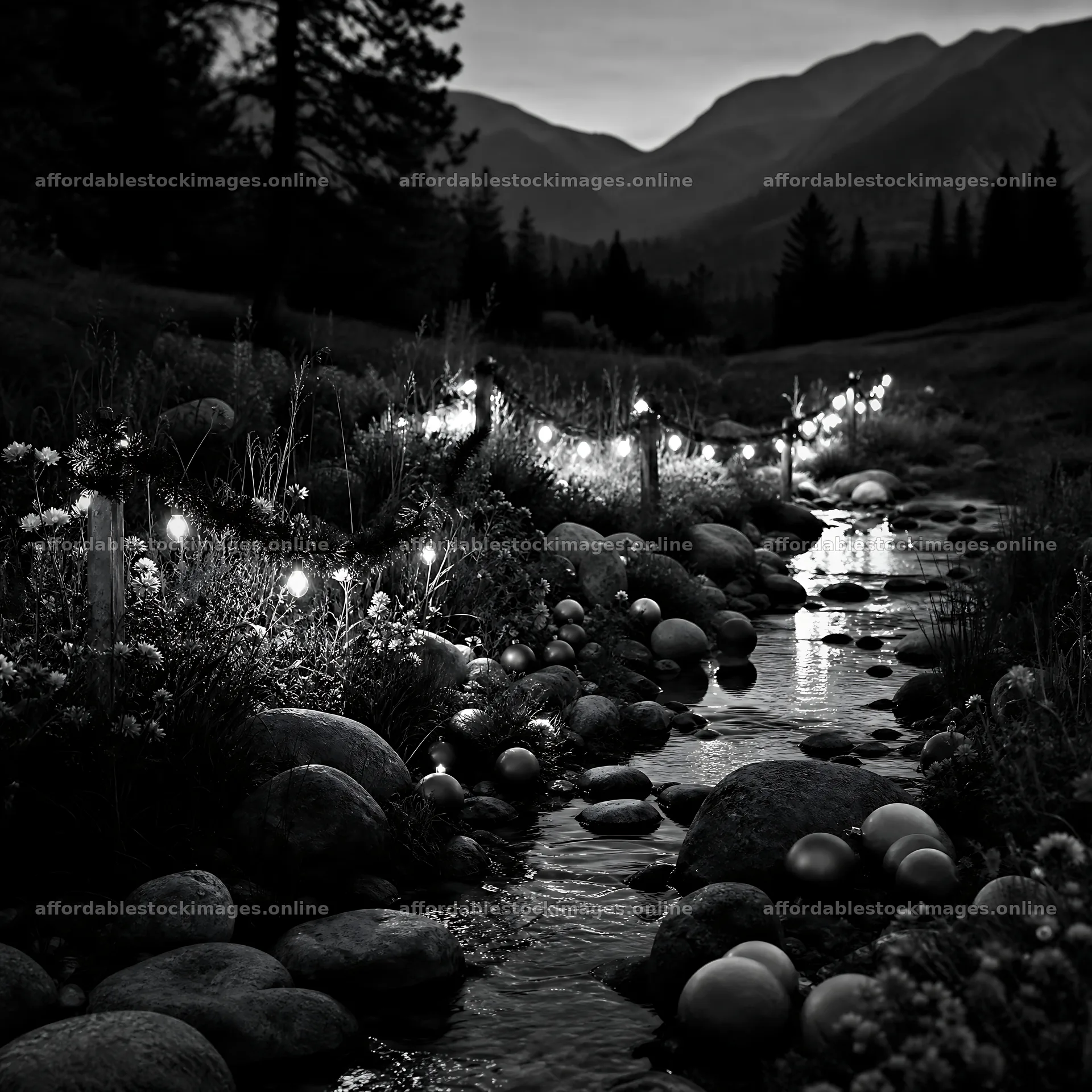 Christmas ornaments along stream in meadow at night – stock images 7938x7938