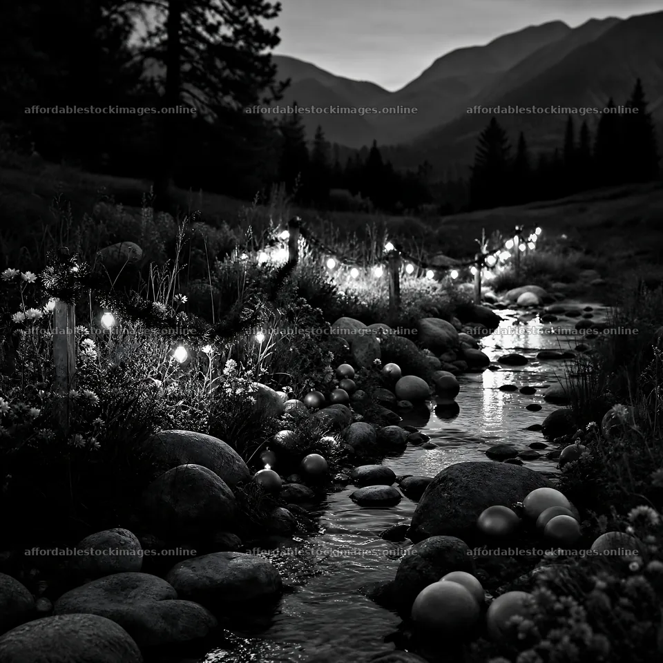 Christmas ornaments along stream in meadow at night – stock images 7938x7938