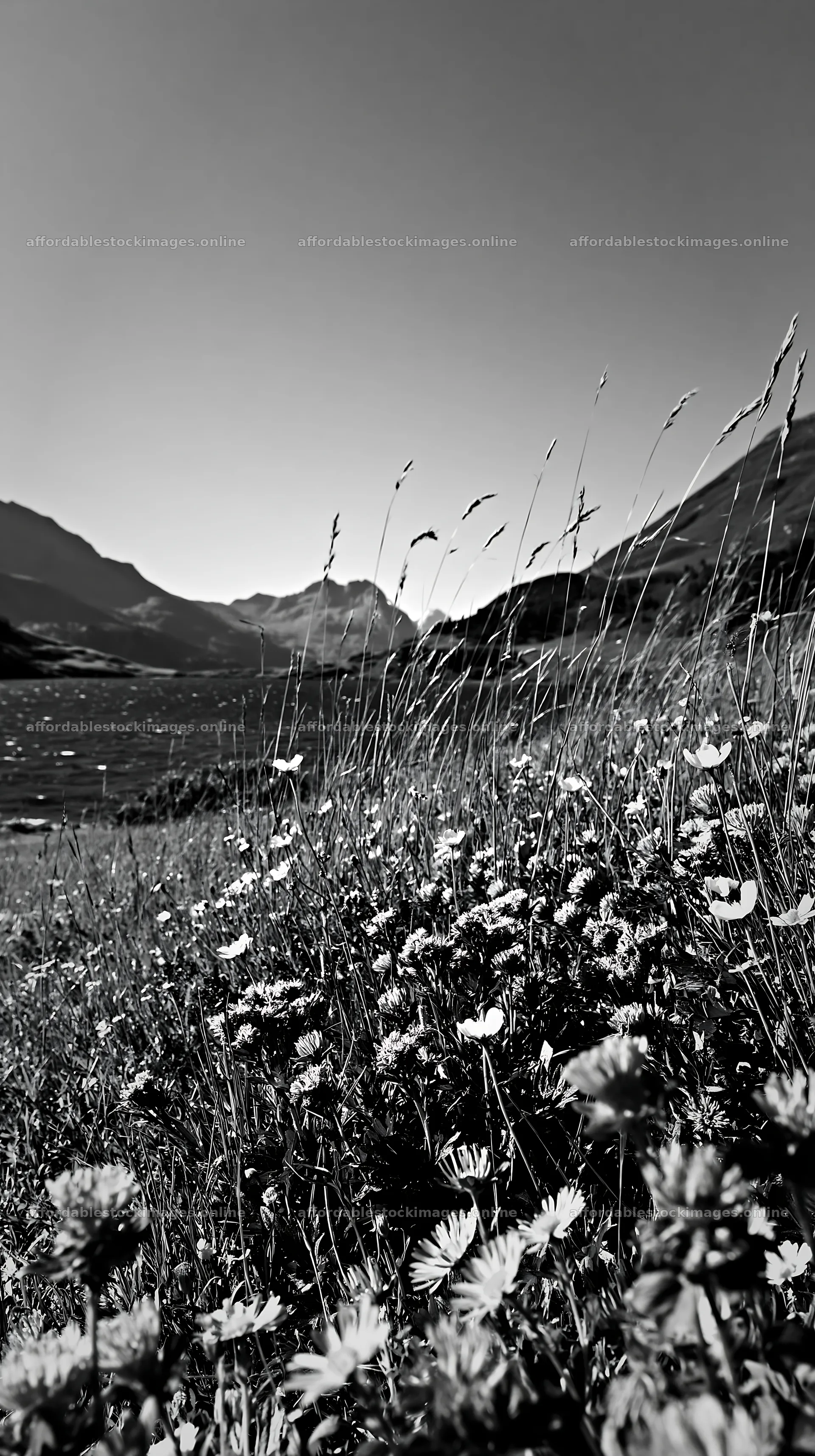 Swiss meadow beside alpine lake in black and white – stock images 5938x10608
