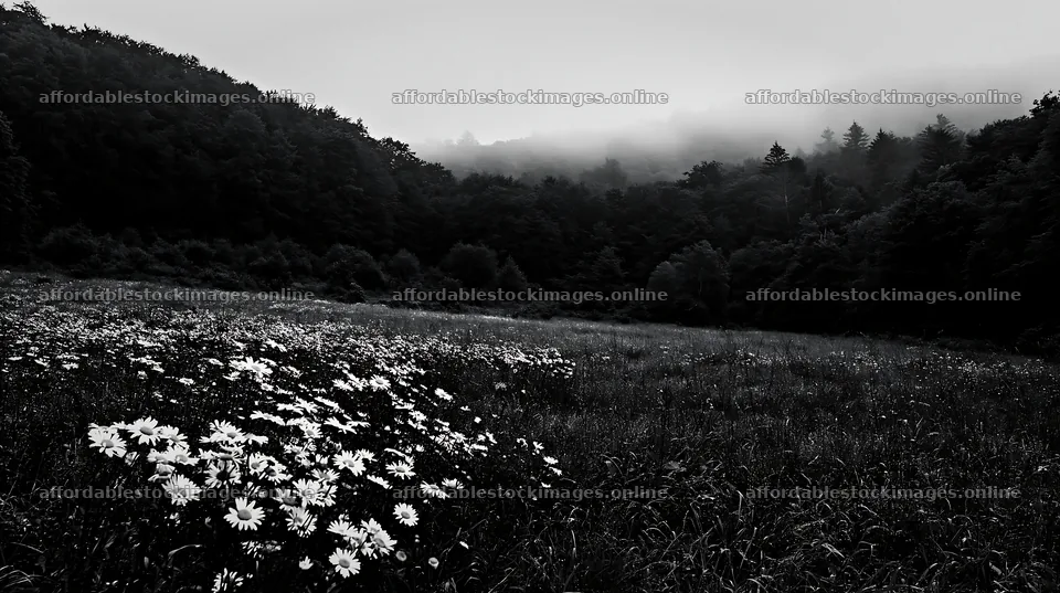 Meadow flowers at the edge of a forest in fog – stock images 10608x5938