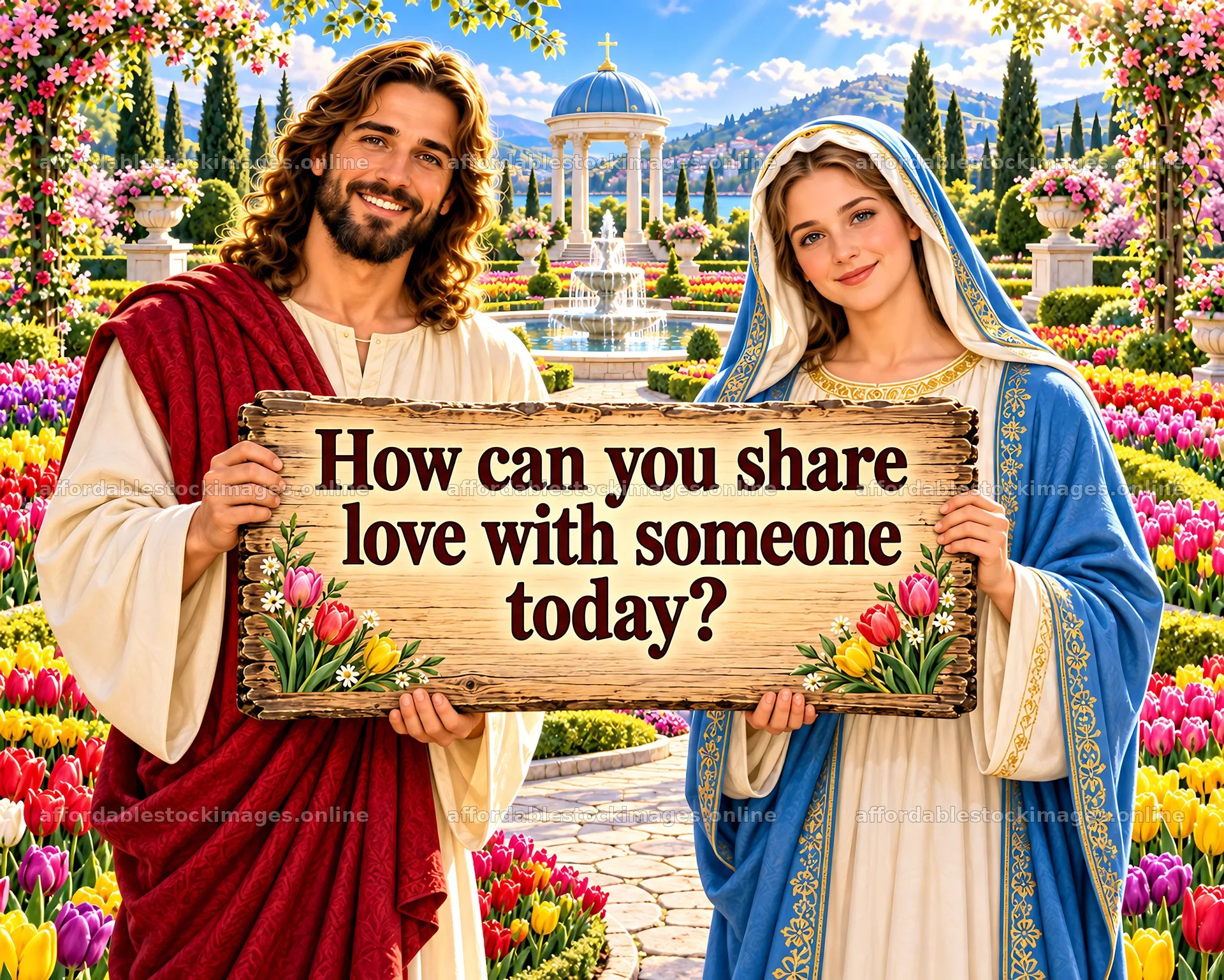 Jesus Christ and Mary holding a sign in a garden setting – stock images 8659x6930