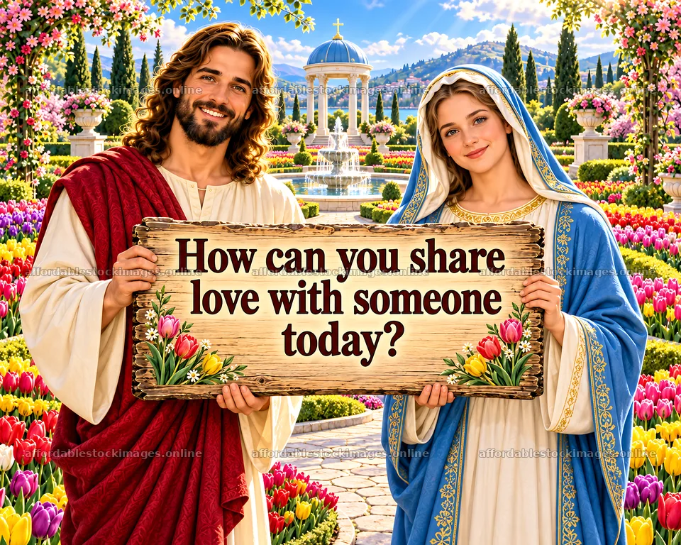 Jesus Christ and Mary holding a sign in a garden setting – stock images 8659x6930
