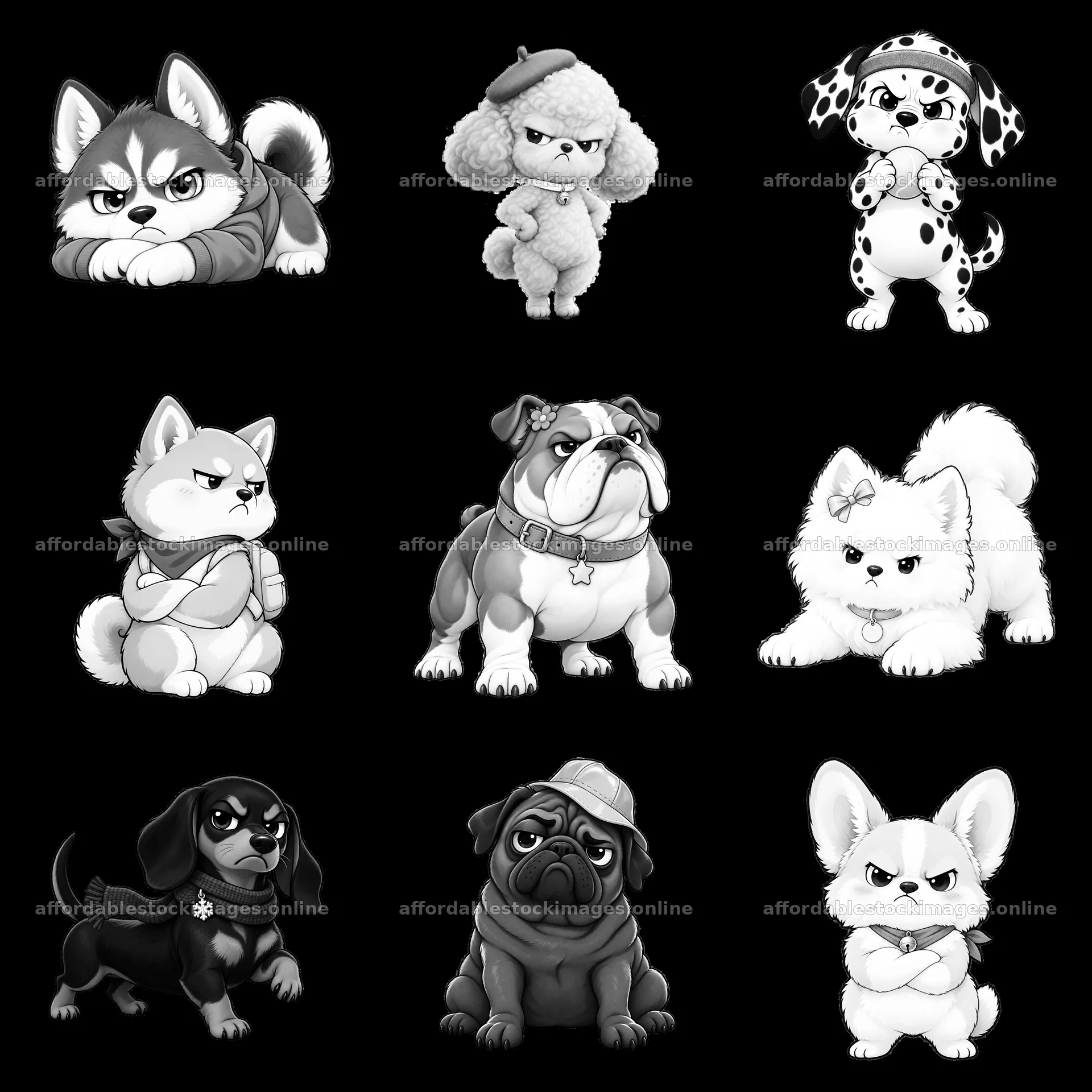 Kawaii grumpy dog stickers in black and white grid layout – stock images 7746x7746