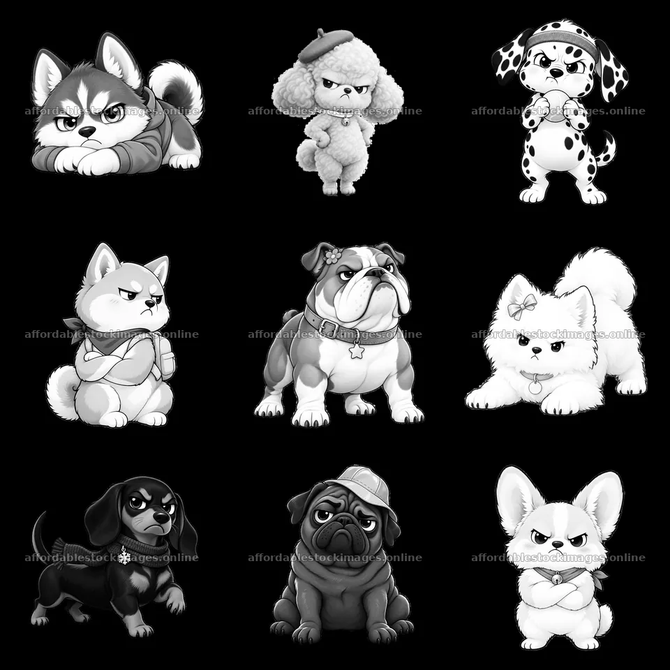Kawaii grumpy dog stickers in black and white grid layout – stock images 7746x7746