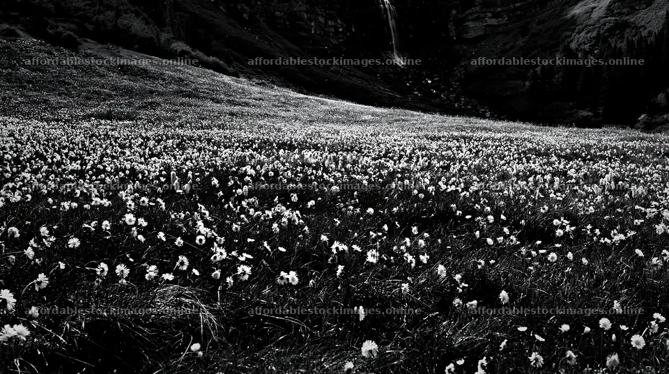 Flowering meadow near mountain falls with bright flowers – stock images 10608x5938