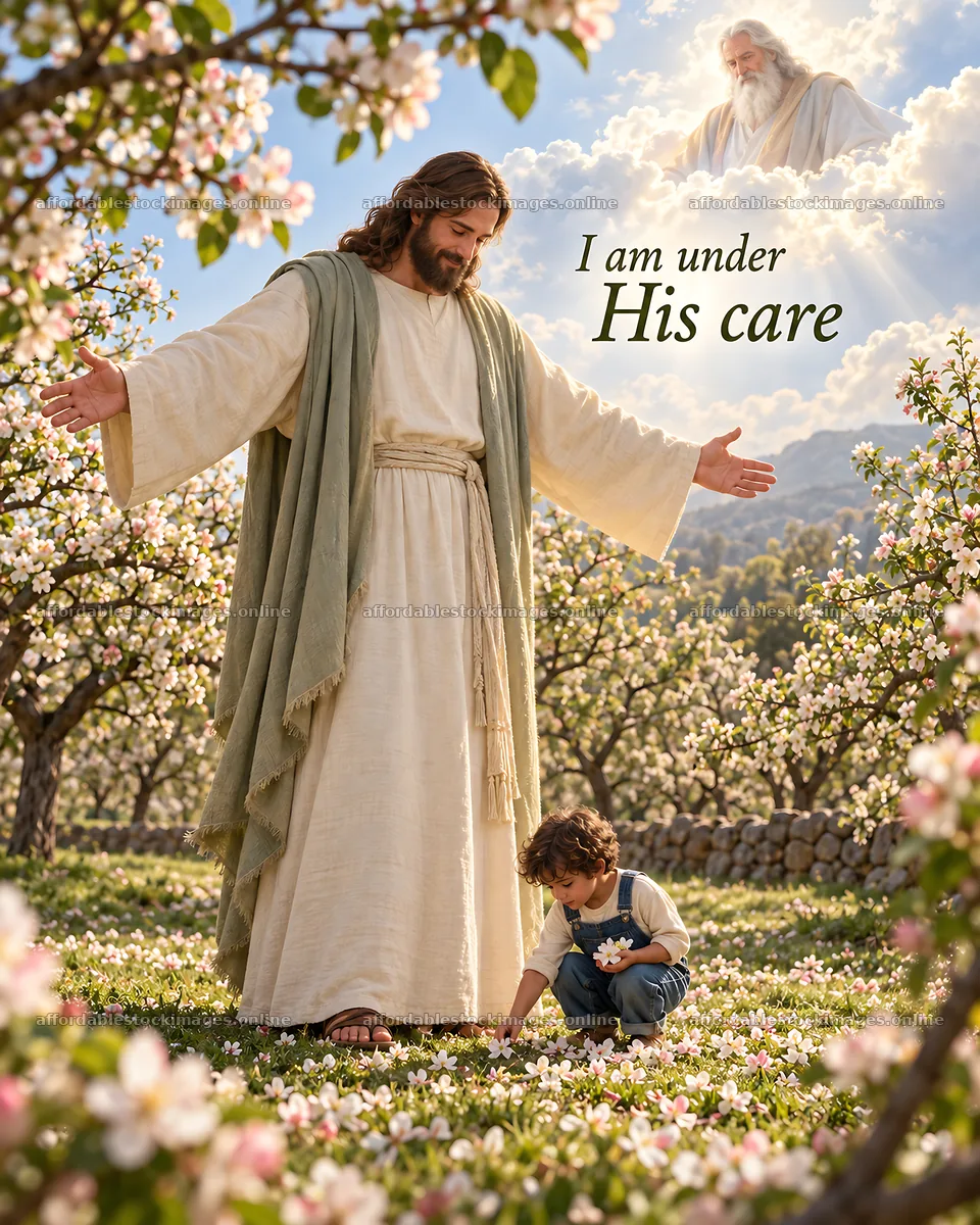 Jesus Christ caring for a child in a blooming orchard – stock images 6930x8659