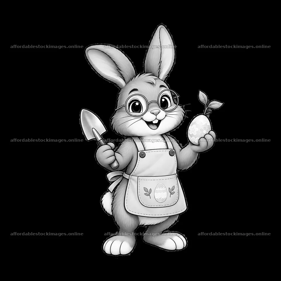 Easter bunny holding an egg and a small plant with a spade – stock images 7746x7746