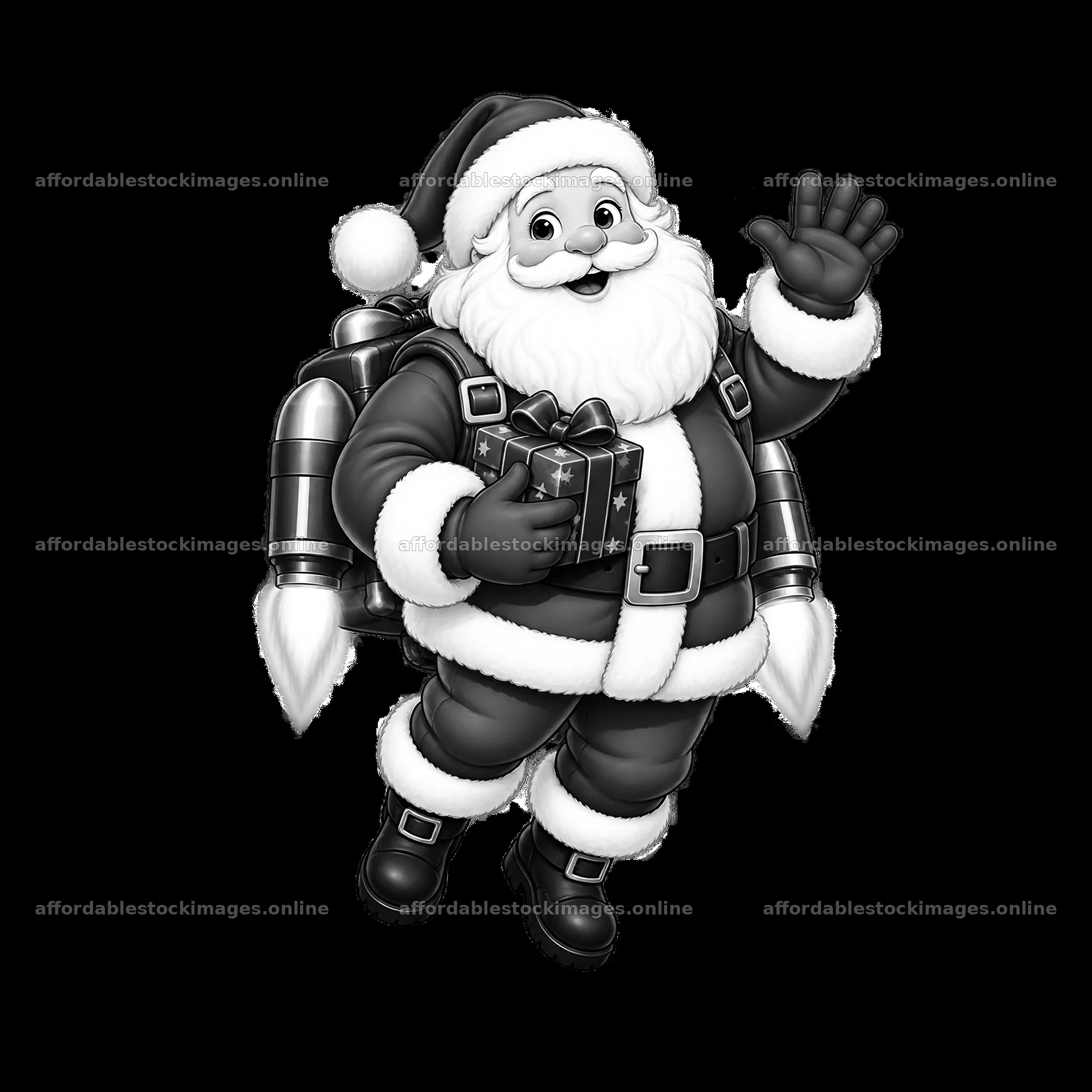 Monochrome Santa with Gift and Rocket Pack – stock images 7746x7746