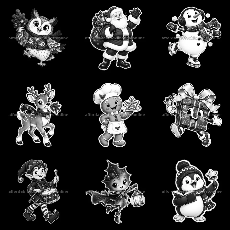 Monochrome nine cartoon figure stickers in a square arrangement – stock images 7746x7746