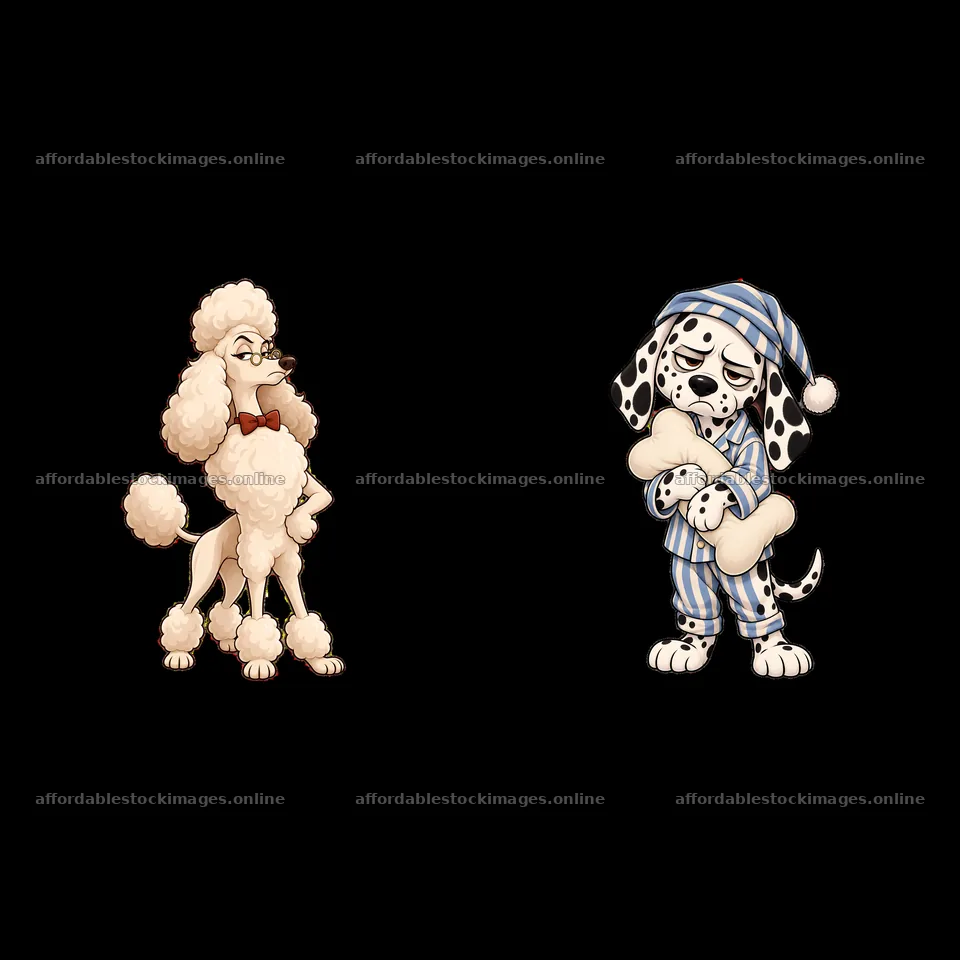 Grumpy dog characters: poodle and dalmatian with accessories – stock images 7746x7746