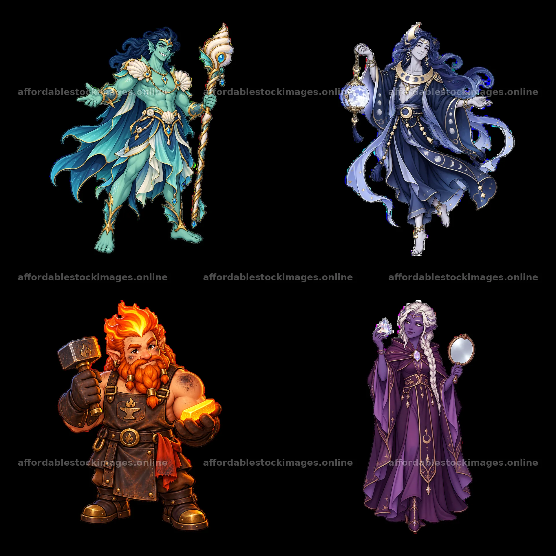 Pagan gods illustration with diverse characters in 2x2 layout – stock images 7746x7746