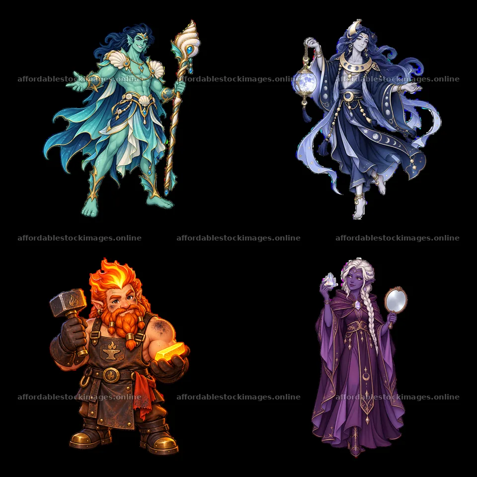 Pagan gods illustration with diverse characters in 2x2 layout – stock images 7746x7746