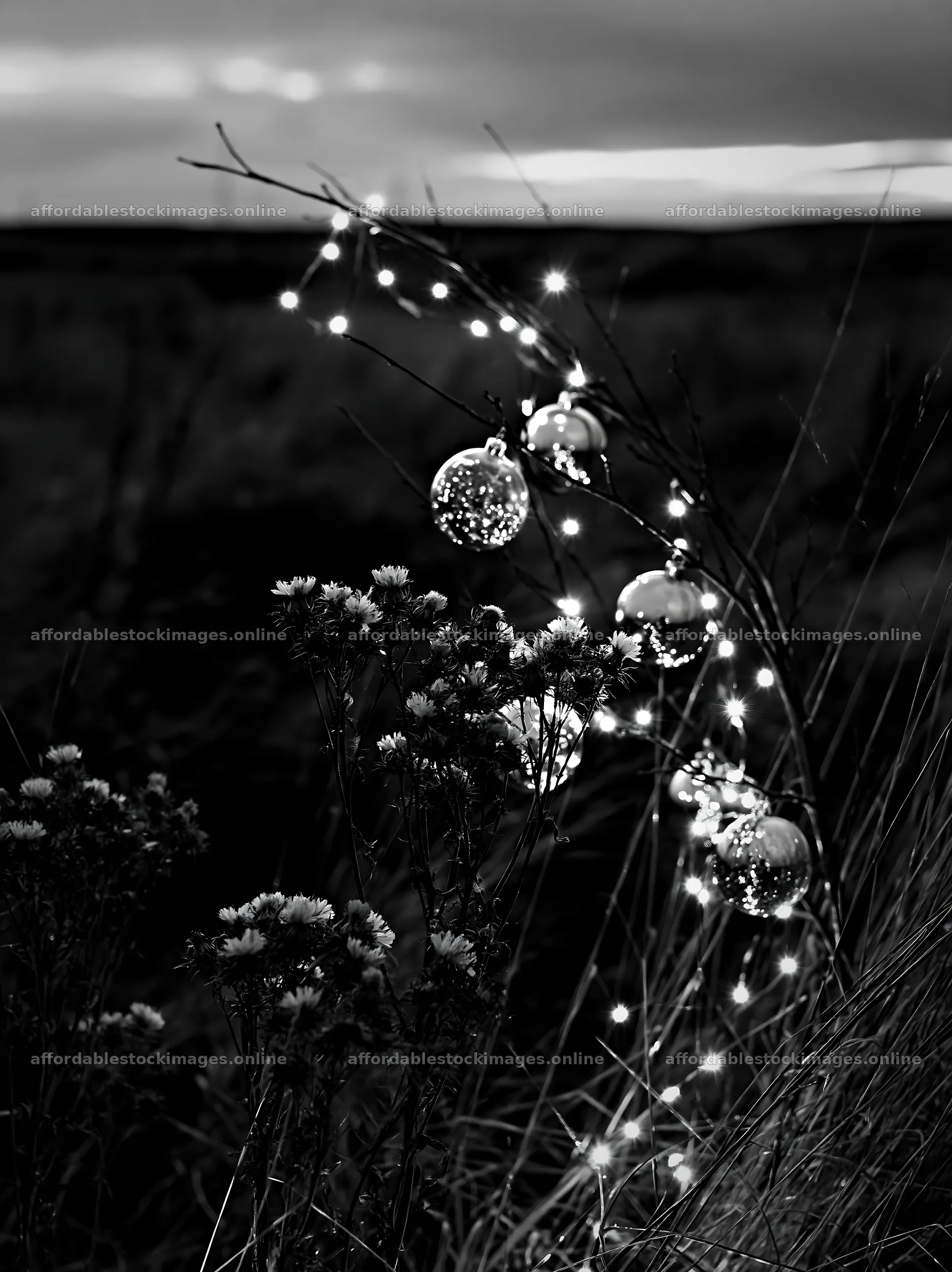 Christmas meadow with baubles and lights in autumn – stock images 6866x9174