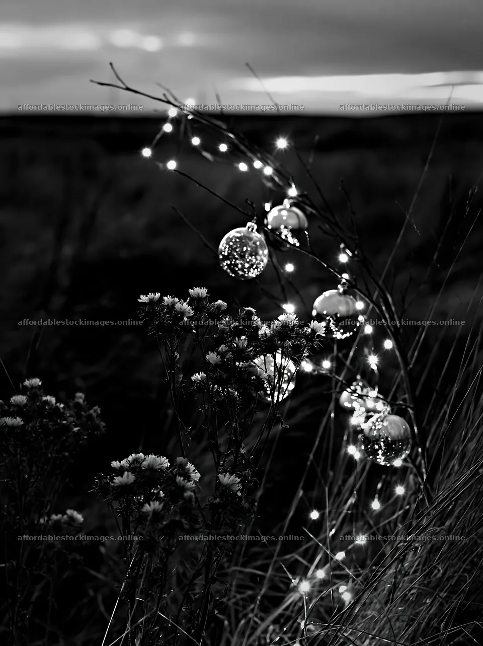 Christmas meadow with baubles and lights in autumn – stock images 6866x9174