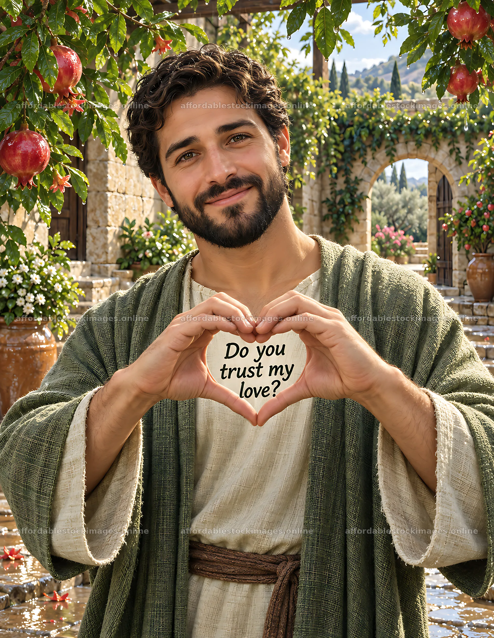 Garden scene with a man holding a heart shaped message – stock images 6986x9018