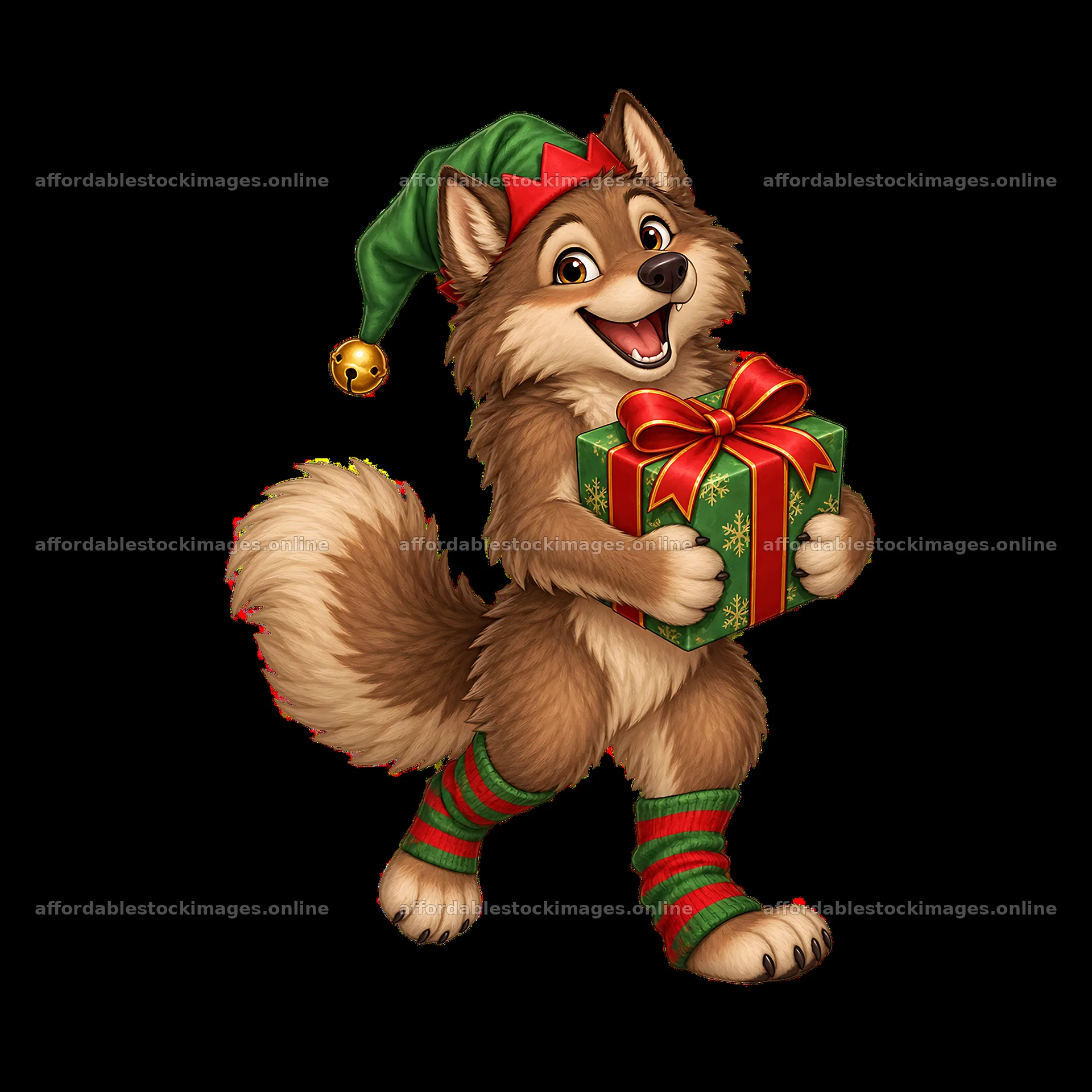 Christmas wolf character carrying a gift in festive attire – stock images 7746x7746