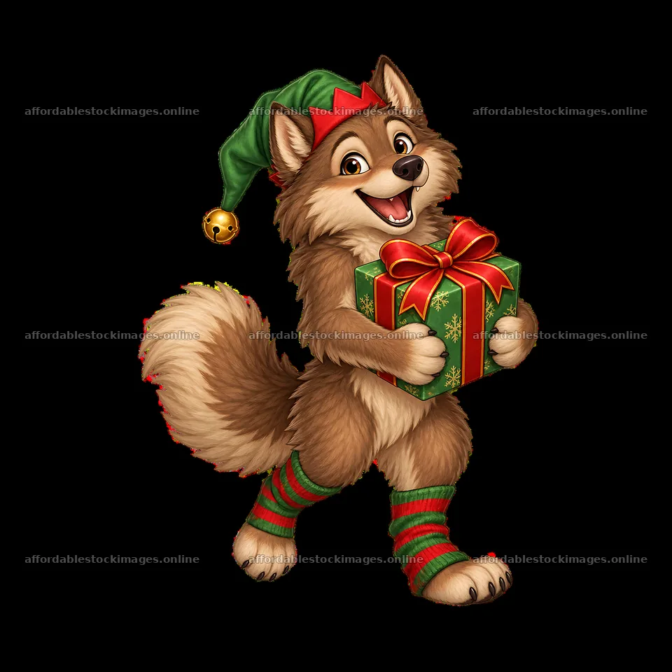 Christmas wolf character carrying a gift in festive attire – stock images 7746x7746