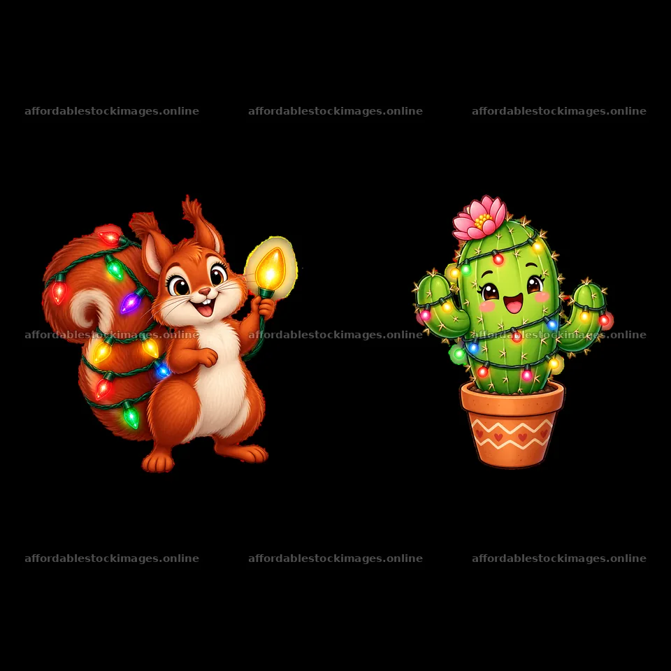 Squirrel with lights and happy cactus in festive decoration – stock images 7746x7746
