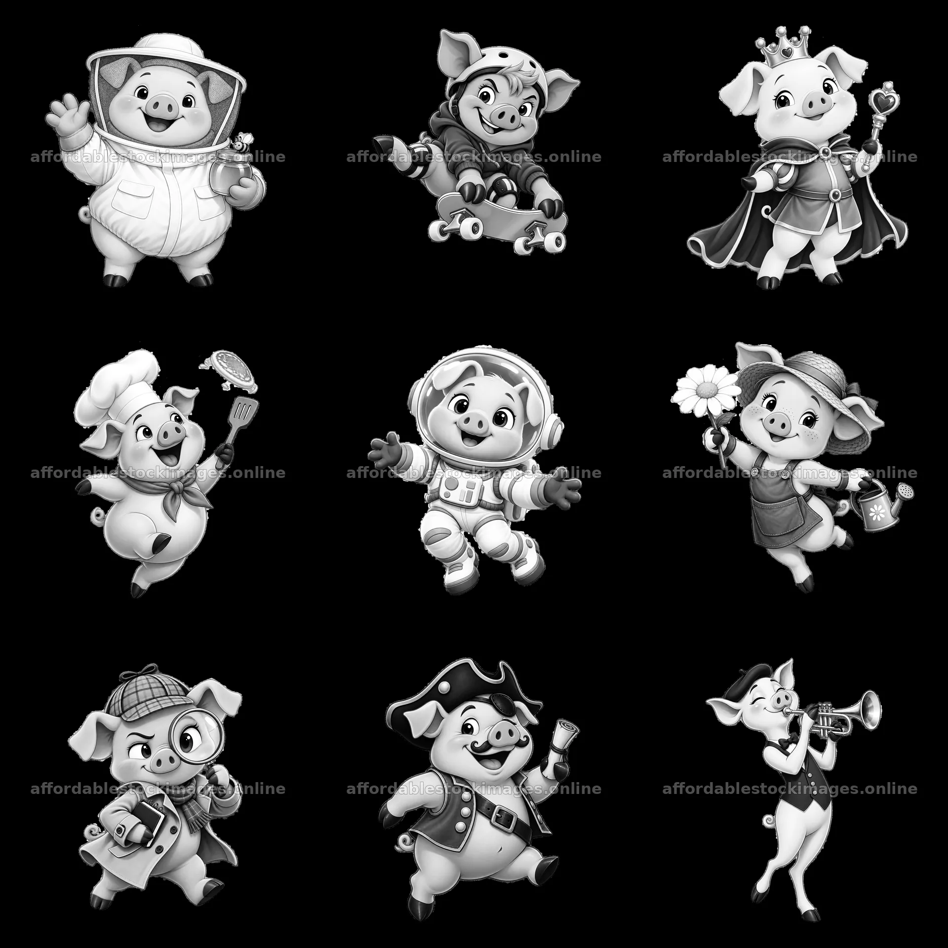 Cartoon pigs in various fun professions and activities – stock images 7746x7746