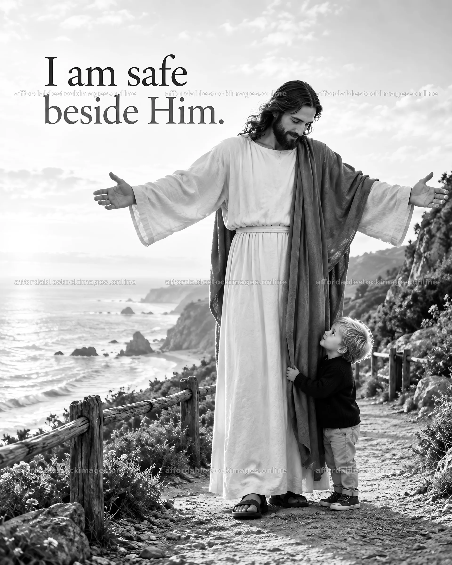 Jesus Christ comforting a child by the seaside – stock images 6930x8659