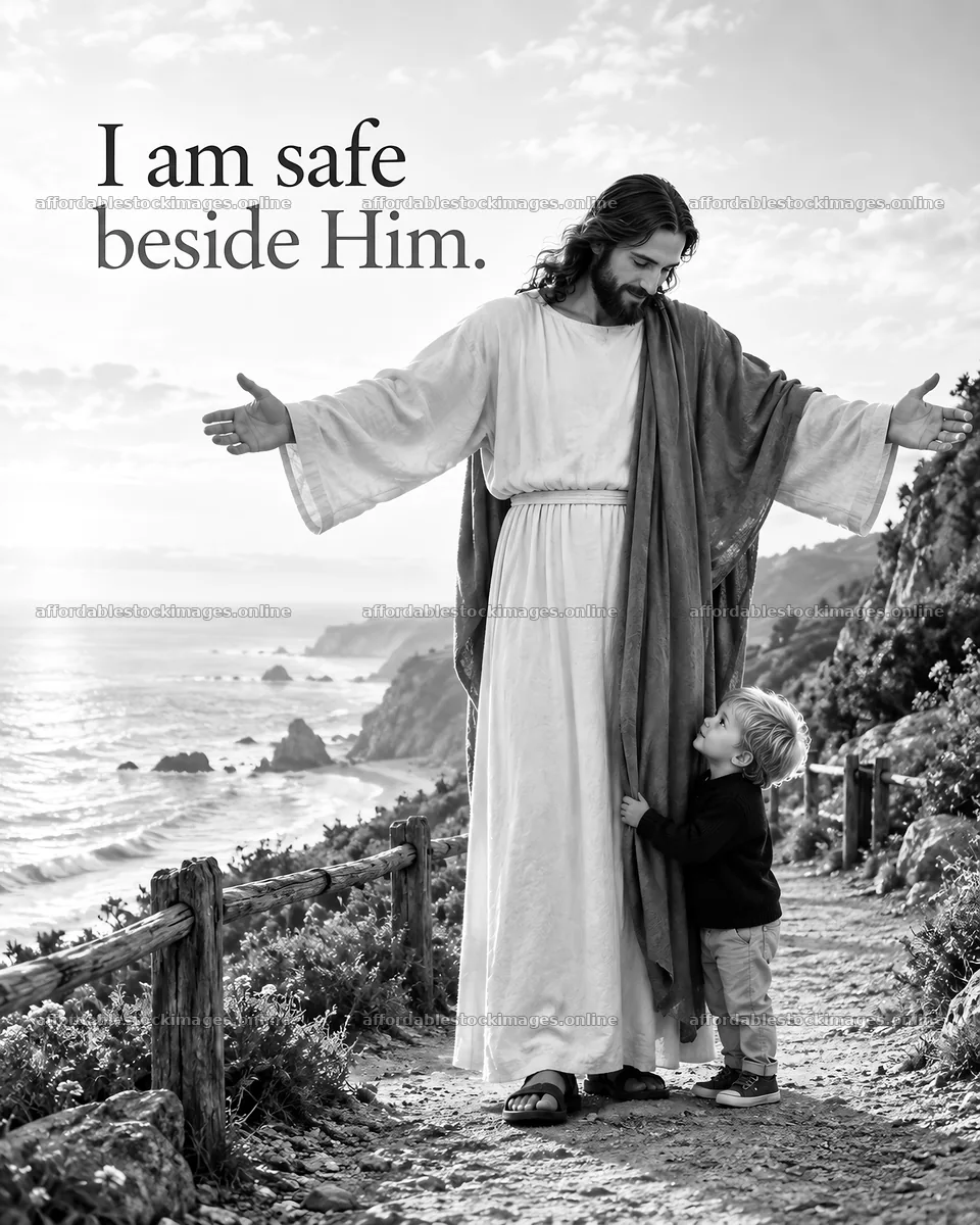 Jesus Christ comforting a child by the seaside – stock images 6930x8659