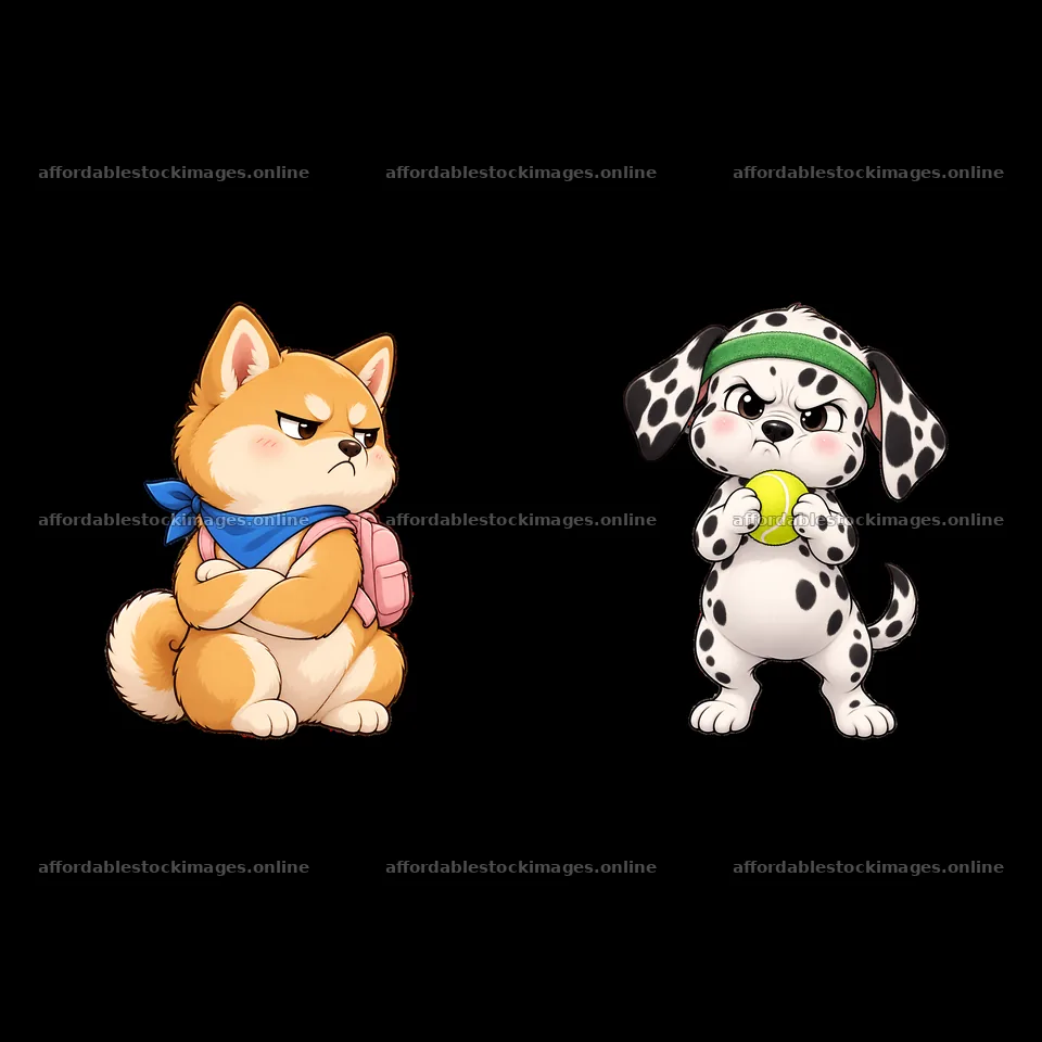 Kawaii grumpy dog duo with backpack and tennis ball – stock images 7746x7746