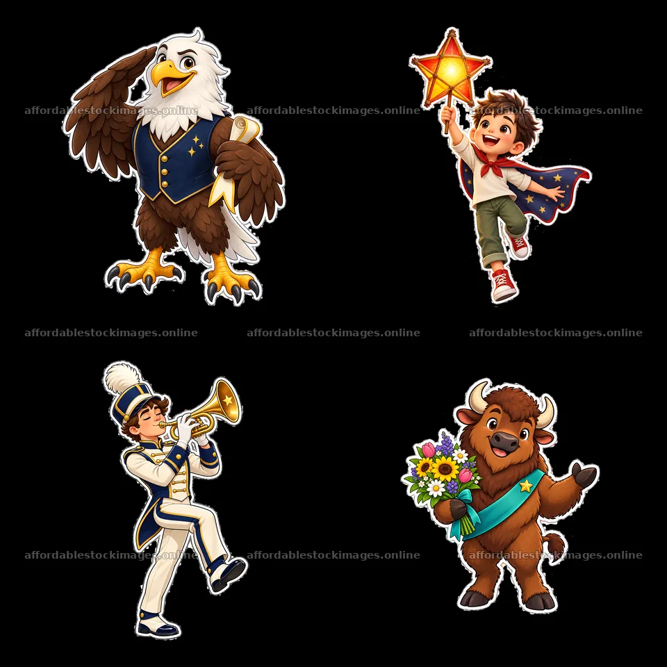 Patriotic cartoon characters: eagle, boy, bison, musician – stock images 7746x7746