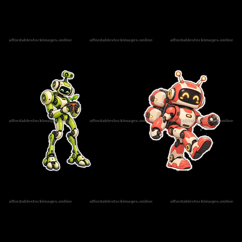 Red and green mech robots with expressions in dynamic poses – stock images 7746x7746