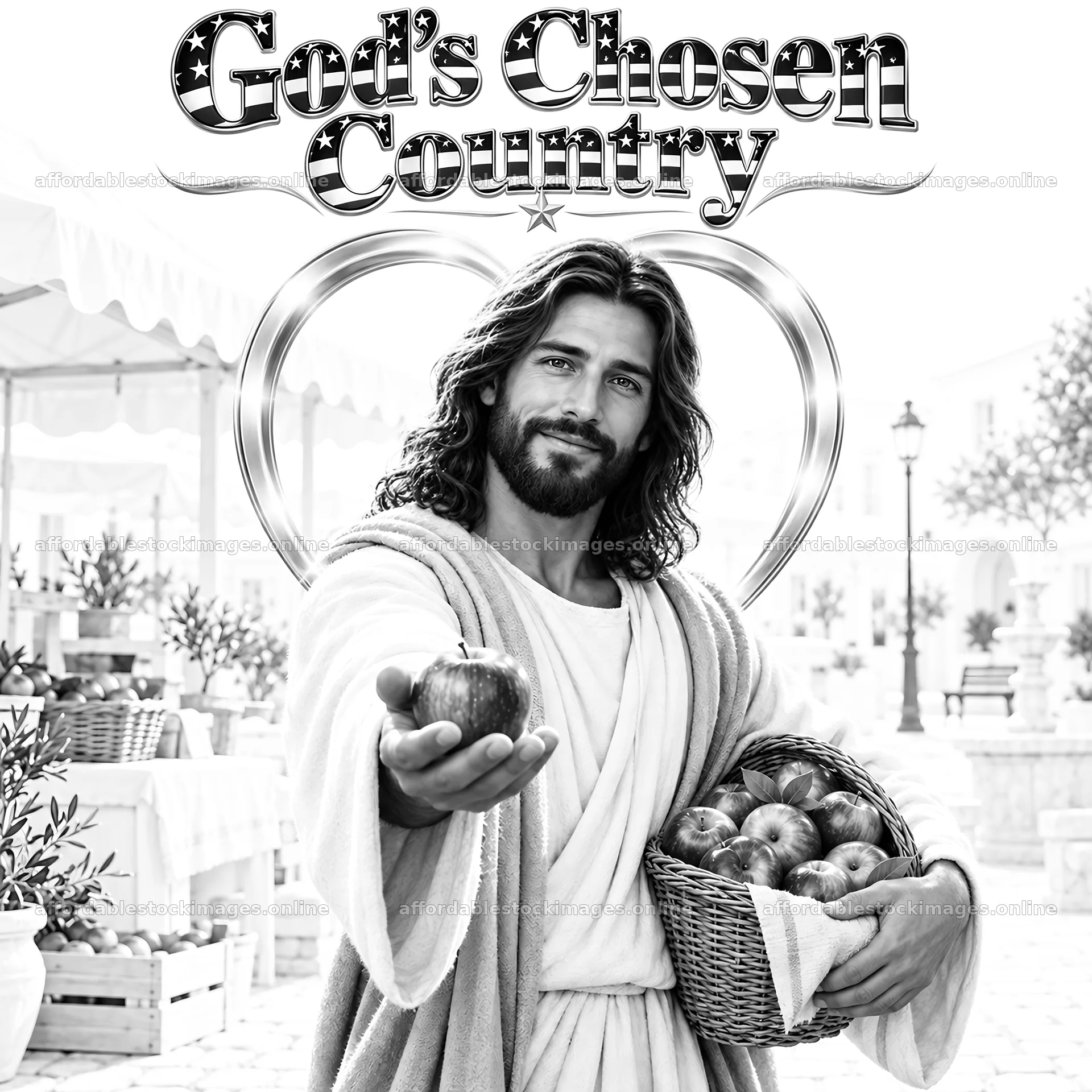 Jesus Christ offering apples in a market scene – stock images 7746x7746