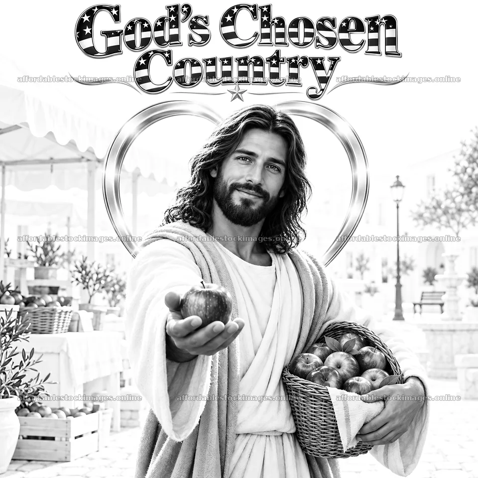 Jesus Christ offering apples in a market scene – stock images 7746x7746