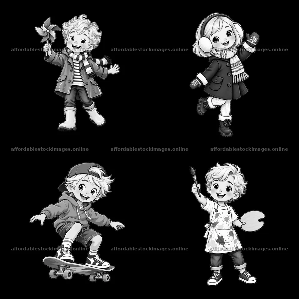 Blond children playing in a cartoon monochrome illustration – stock images 7746x7746