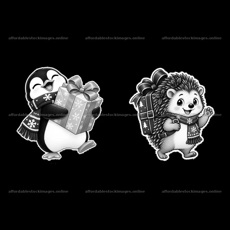 Penguin and hedgehog carry Christmas gifts in monochrome – stock images 7746x7746