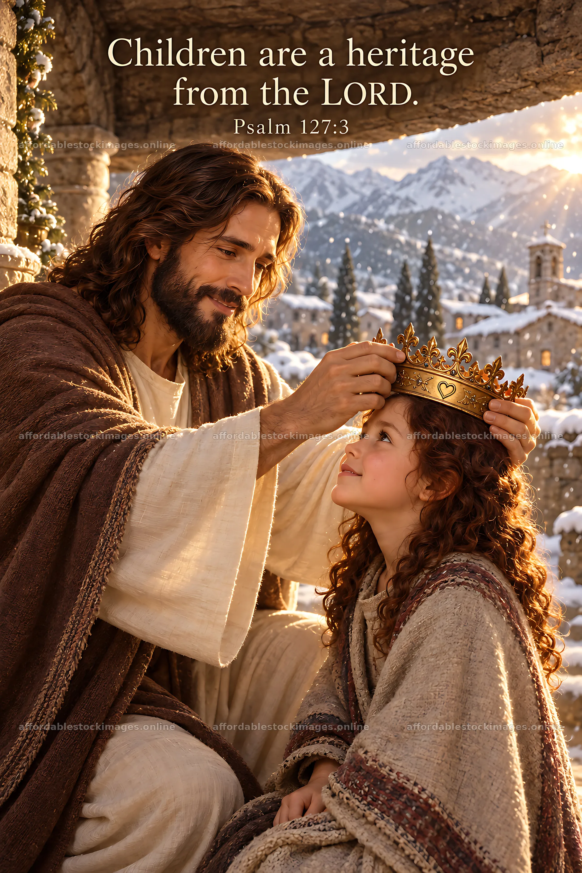 Jesus Christ places a crown on a child's head in a serene – stock images 6480x9722