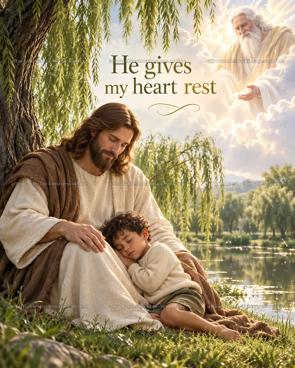 Jesus Christ comforting a child by the water – stock images 6930x8659