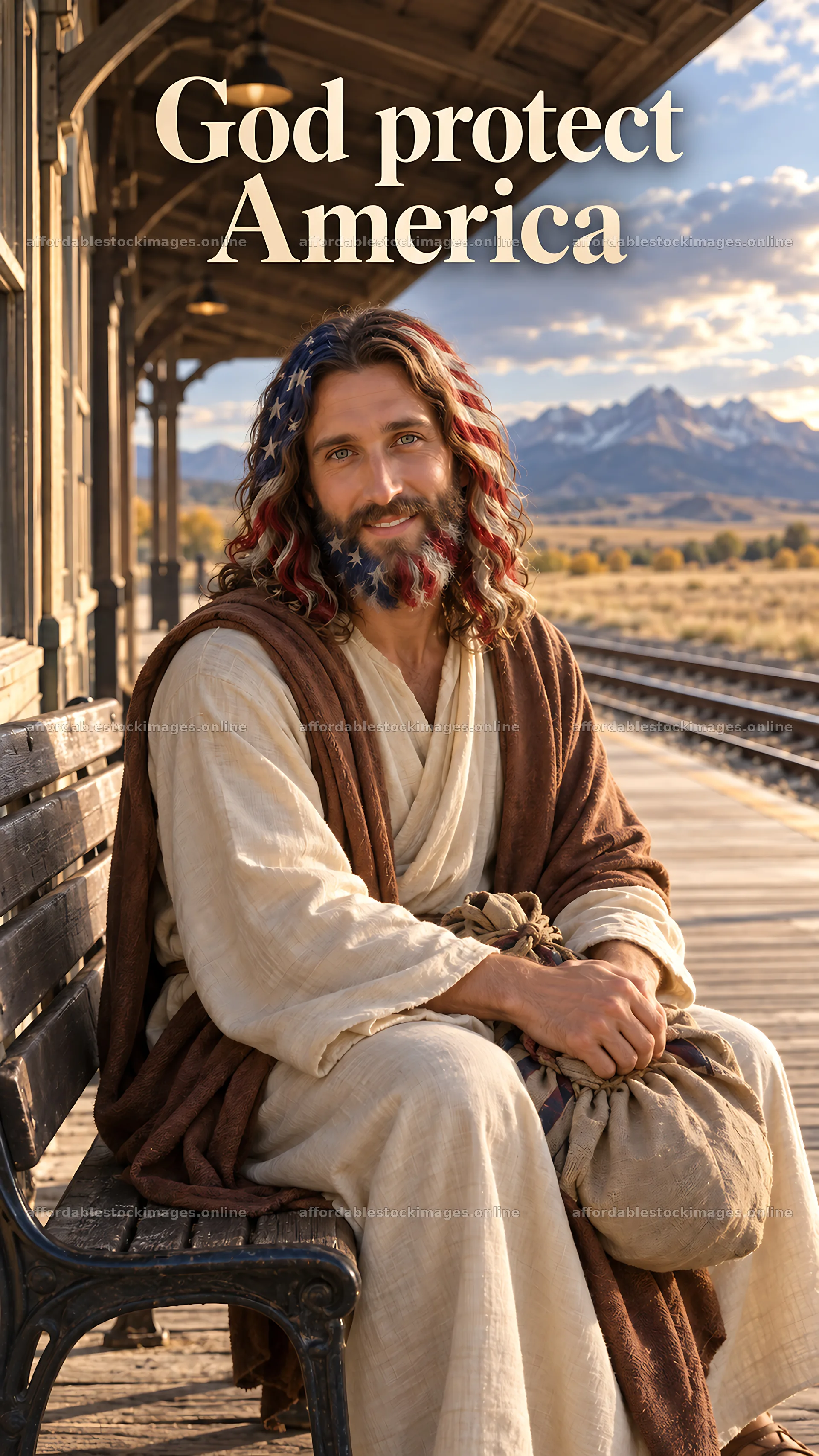 Jesus Christ seated on a bench with an American flag theme – stock images 5811x10326