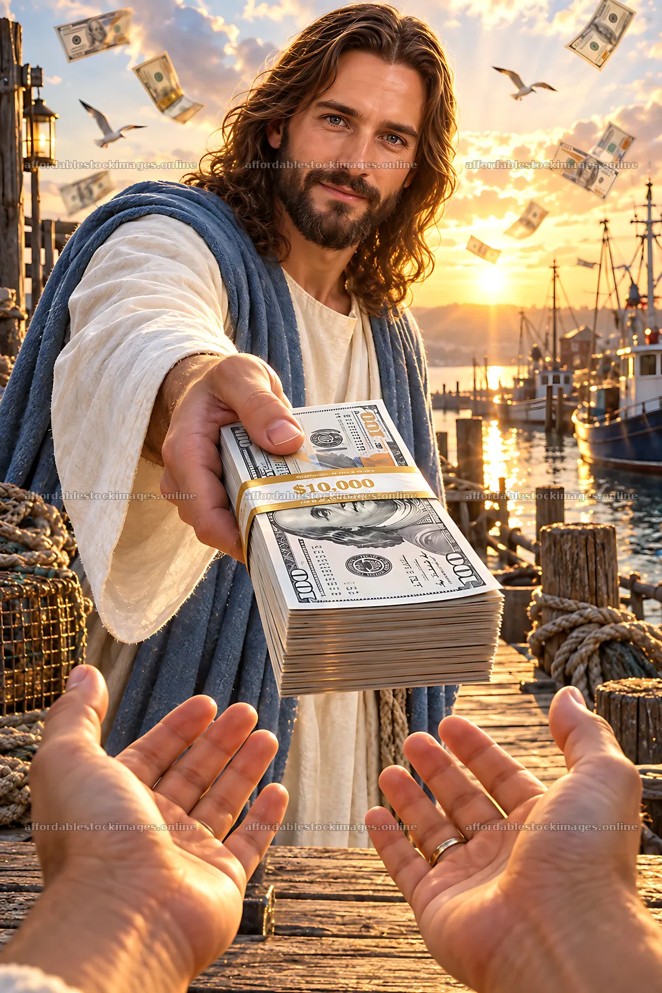 Harbor at First Light with a figure offering money – stock images 6480x9722