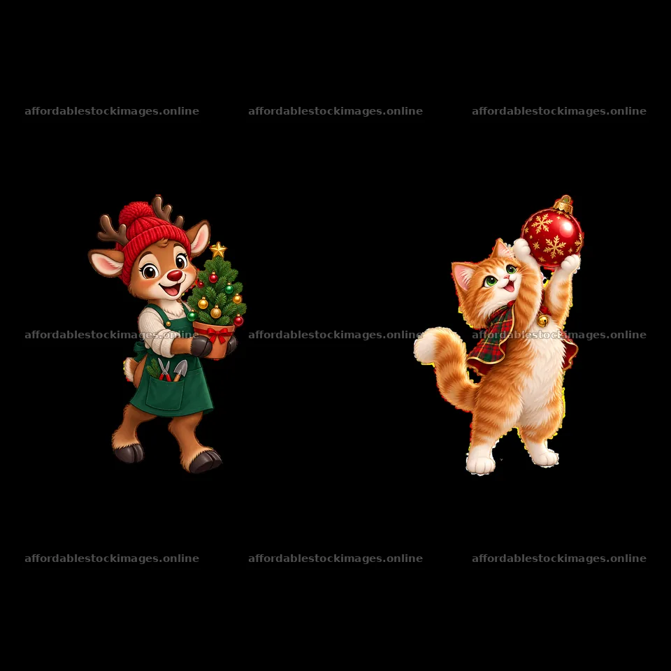 Reindeer and cat celebrating Christmas in a festive scene – stock images 7746x7746