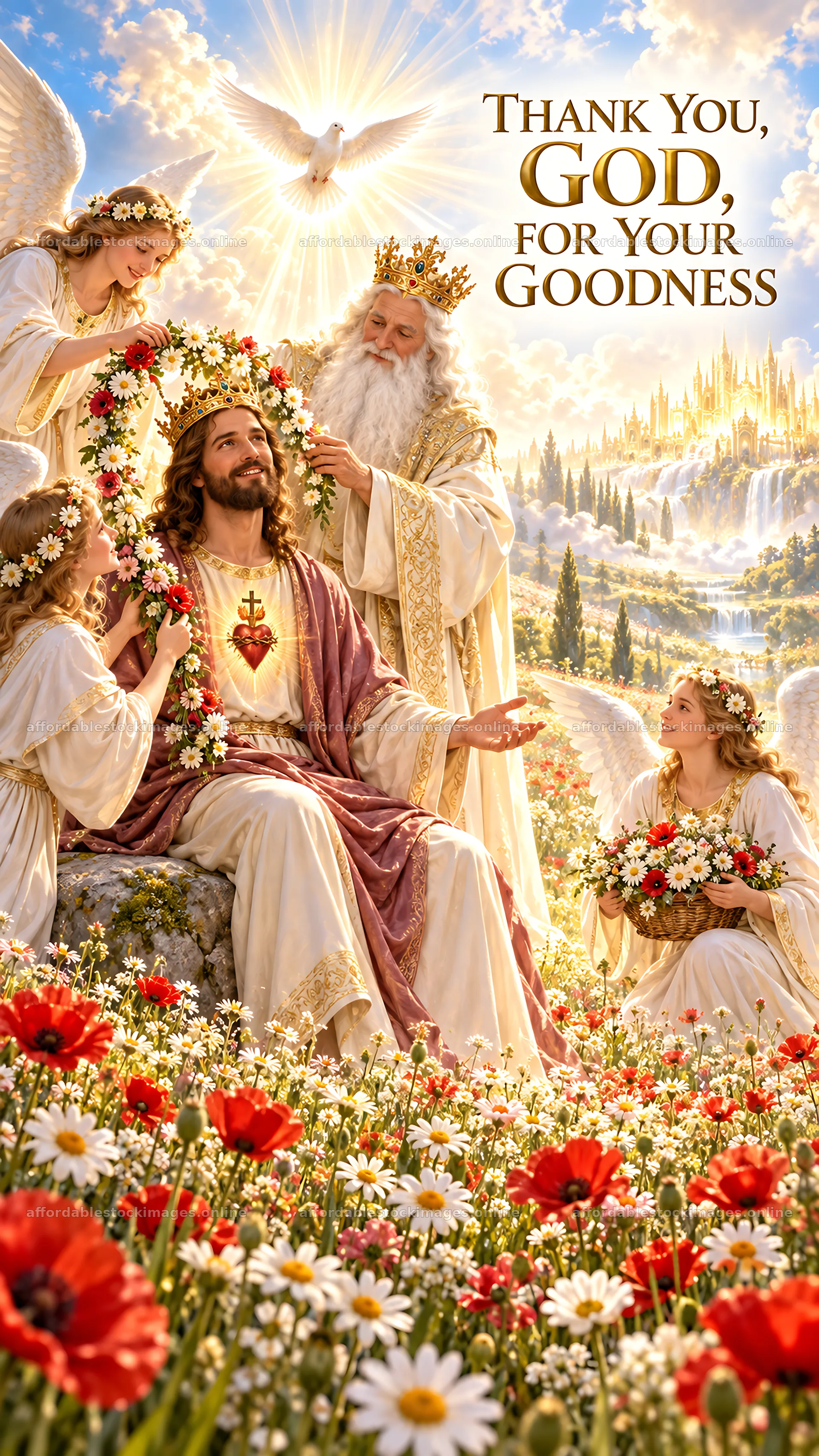 Jesus Christ surrounded by angels in a scene of gratitude – stock images 5811x10326