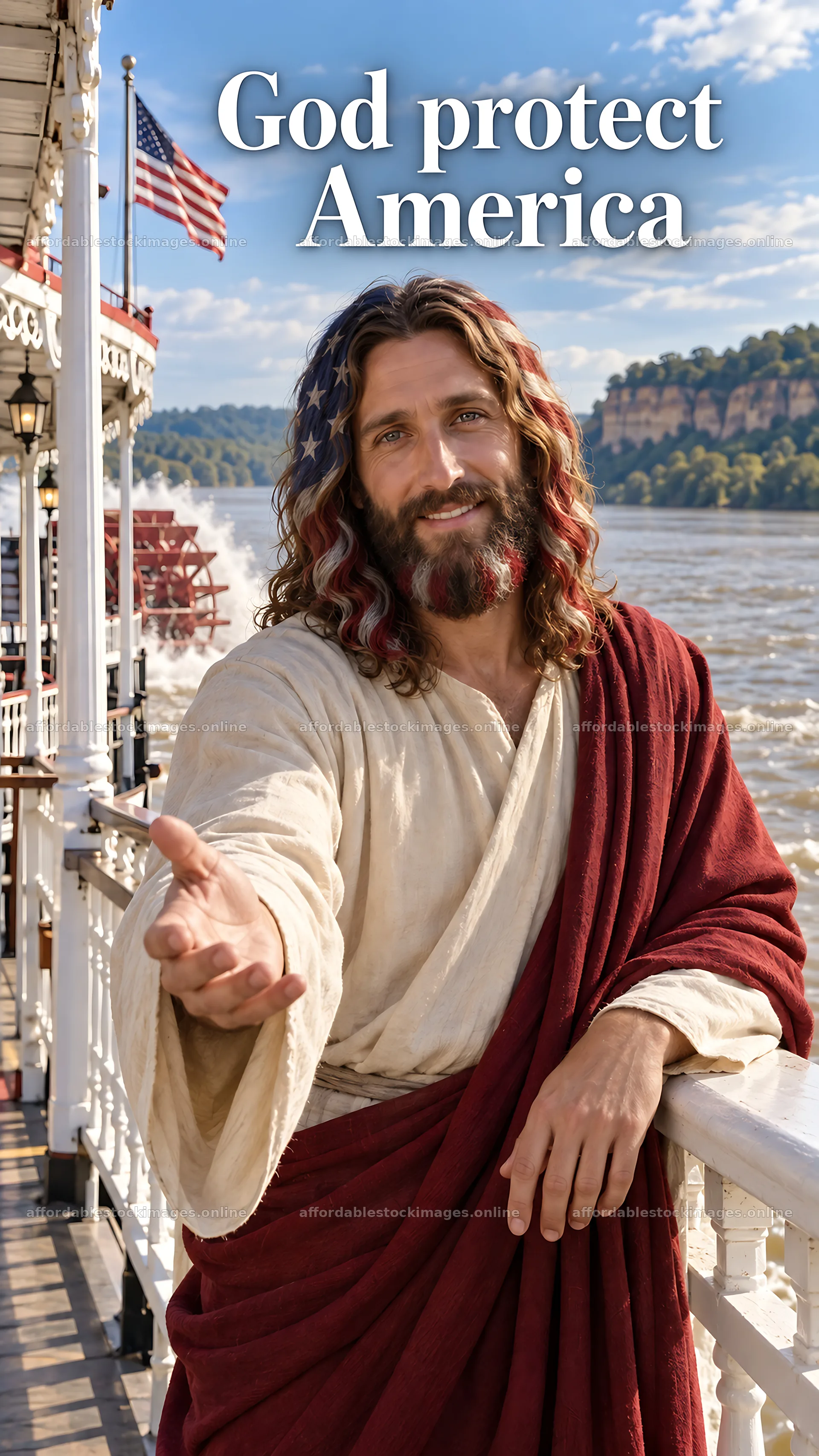 Jesus Christ welcoming with open arms on a riverboat – stock images 5811x10326