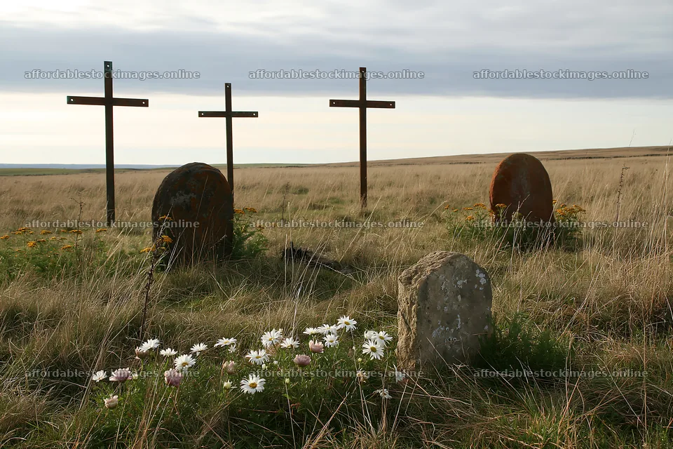 Four Christian crosses in a winter meadow – stock images 9722x6480