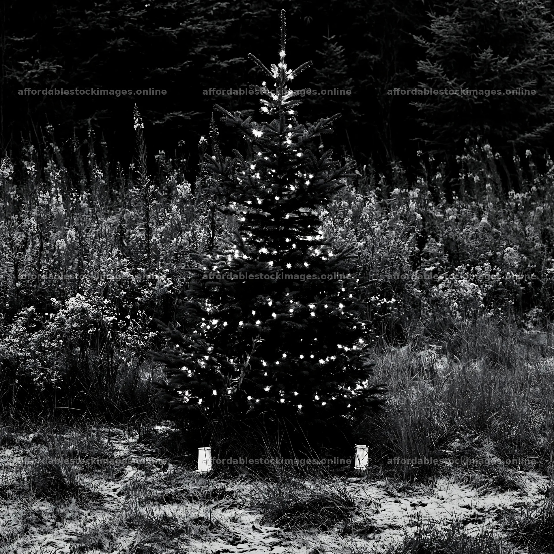 Christmas tree in mountain meadow after snowfall – stock images 7938x7938
