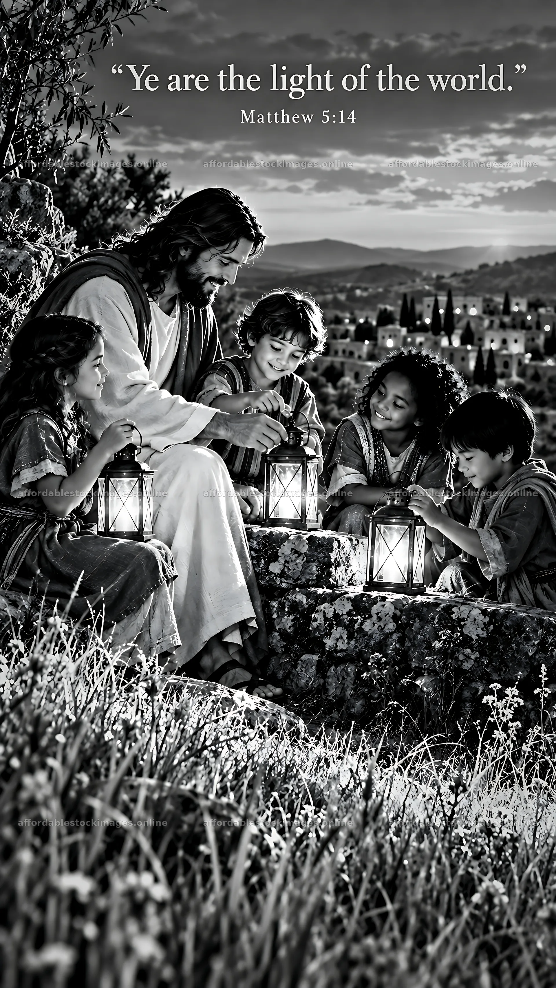 Jesus Christ teaching children with lanterns in a garden – stock images 5954x10580