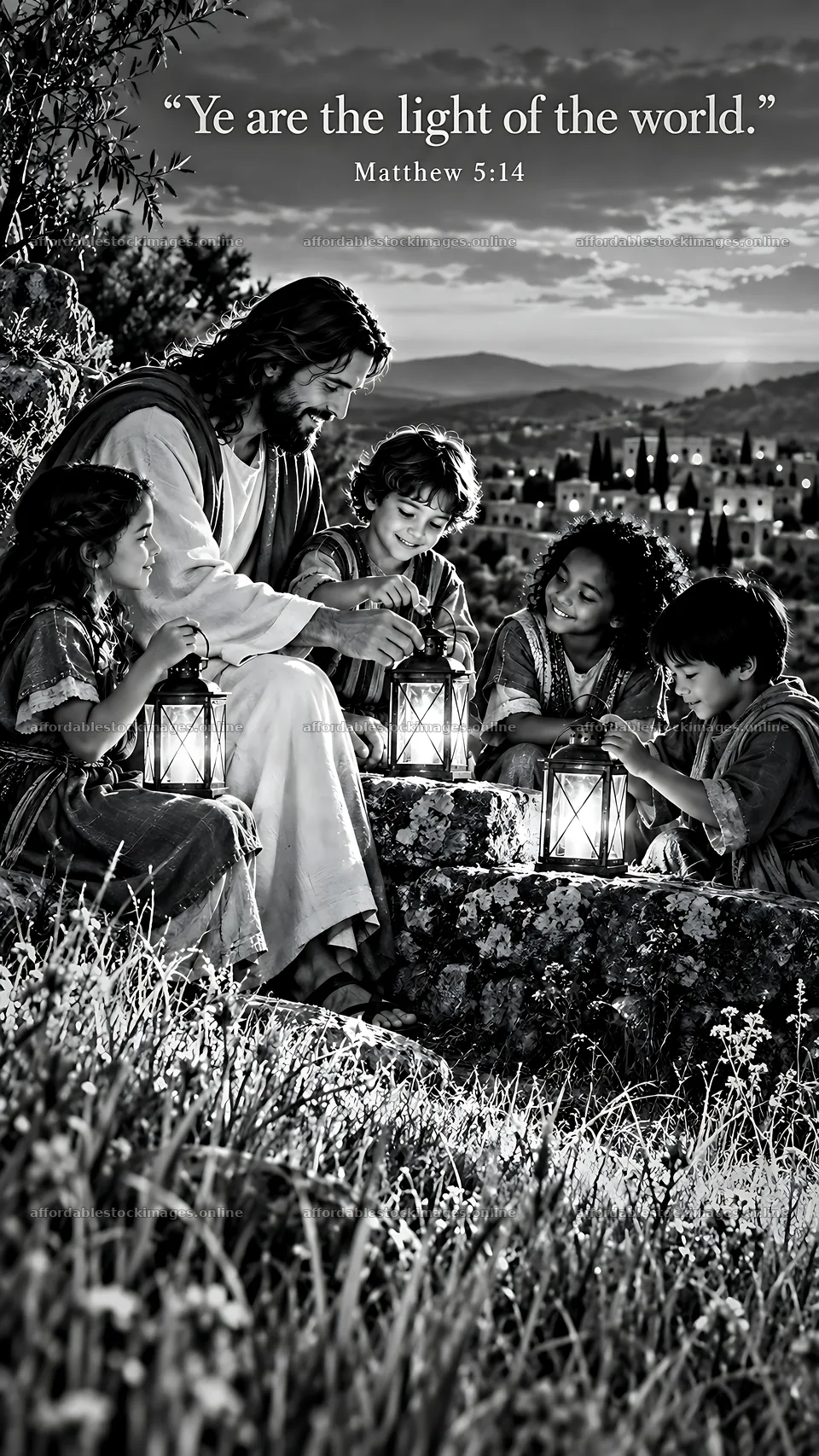 Jesus Christ teaching children with lanterns in a garden – stock images 5954x10580