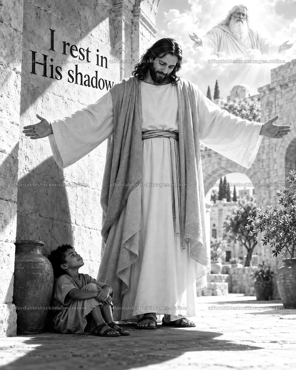 Jesus Christ comforting a child in a peaceful setting – stock images 6930x8659