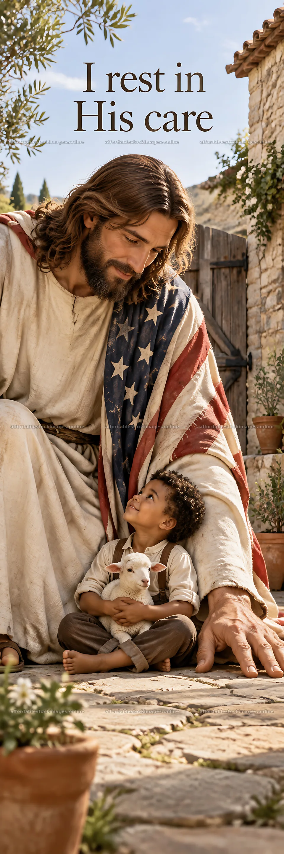 Jesus Christ comforts a child with an American flag – stock images 4472x13417