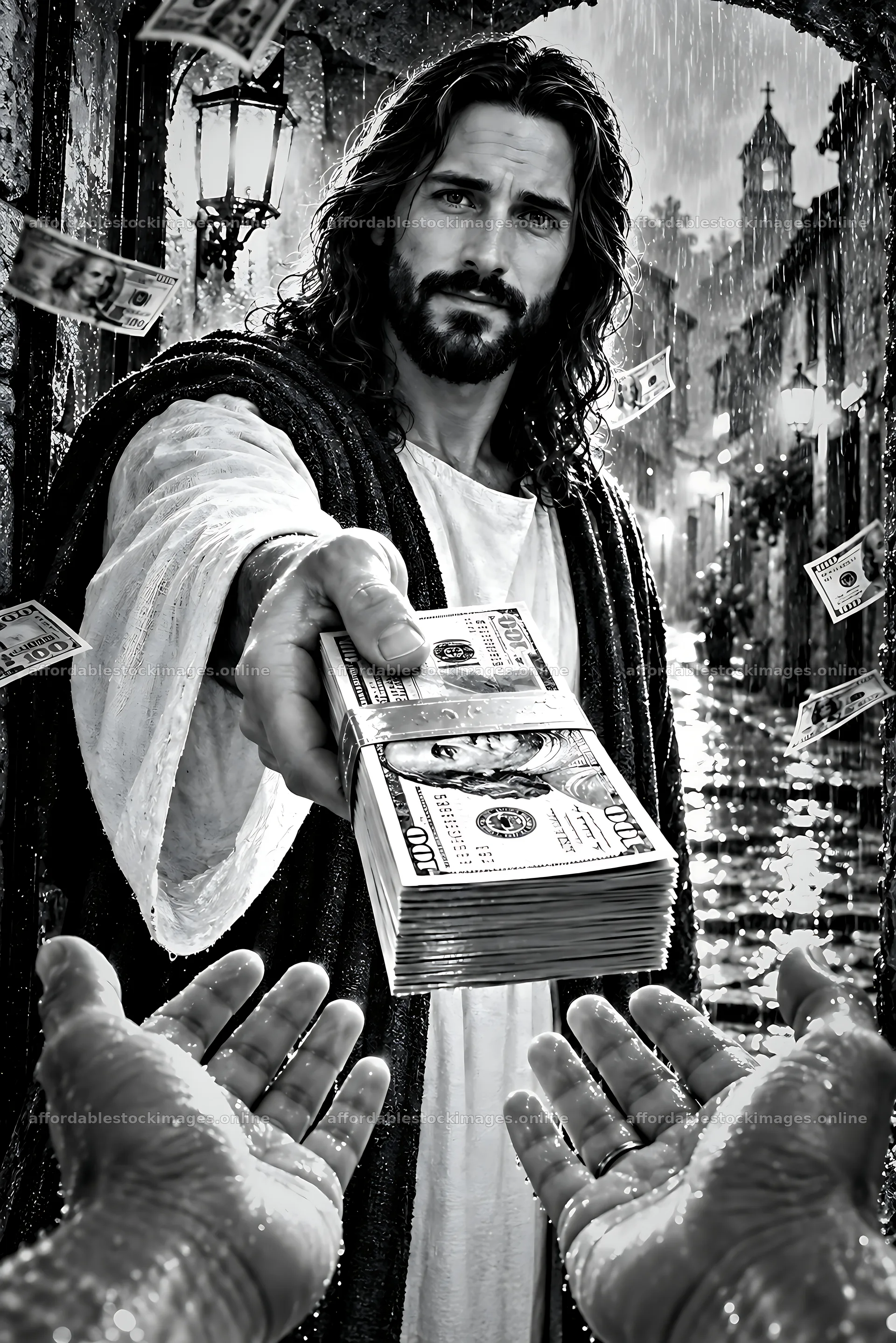 Rainy street with a figure sharing cash – stock images 6482x9718