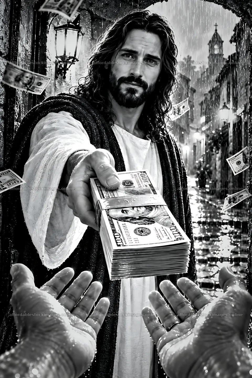 Rainy street with a figure sharing cash – stock images 6482x9718