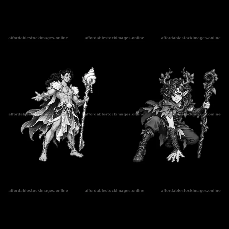 Pagan gods with staffs in a cartoon sticker illustration – stock images 7746x7746